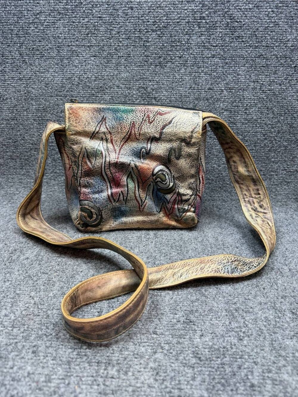 Botary Leather Crossbody Shoulder Bag Brown Multicolor Print Made in India